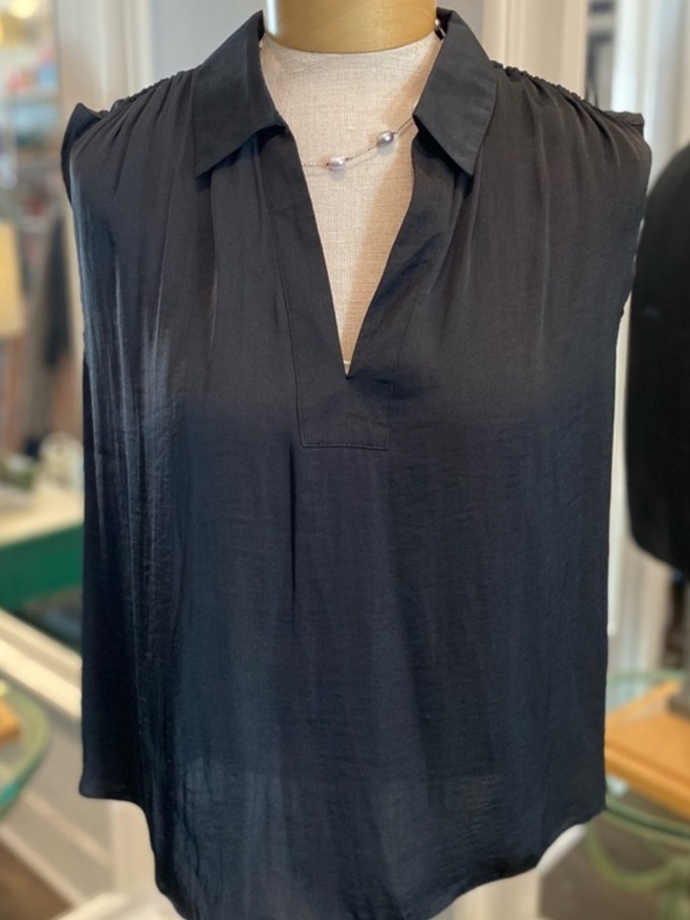 Naked Zebra Black Sleeveless Collared V-Neck Blouse